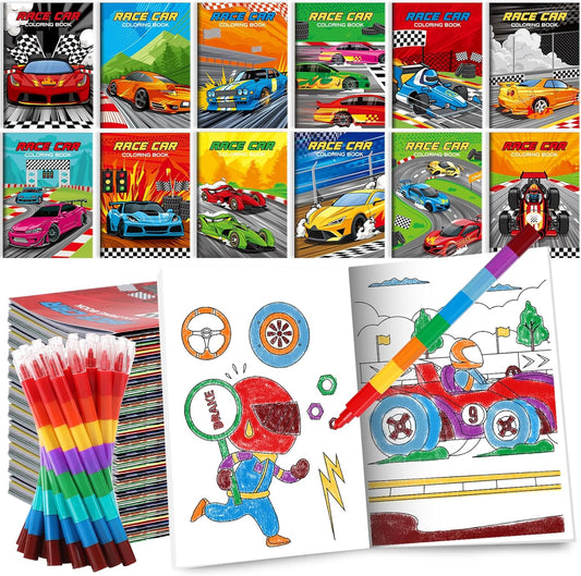 BenLouis 12 Race Car Mini Coloring Books Kids with 12 Stacking Crayons Racing Theme Party Favors Small Activity Books Bulk for Kids Fast Racecar Wheel Birthday Party Gift Goodie Bag Stuffers
