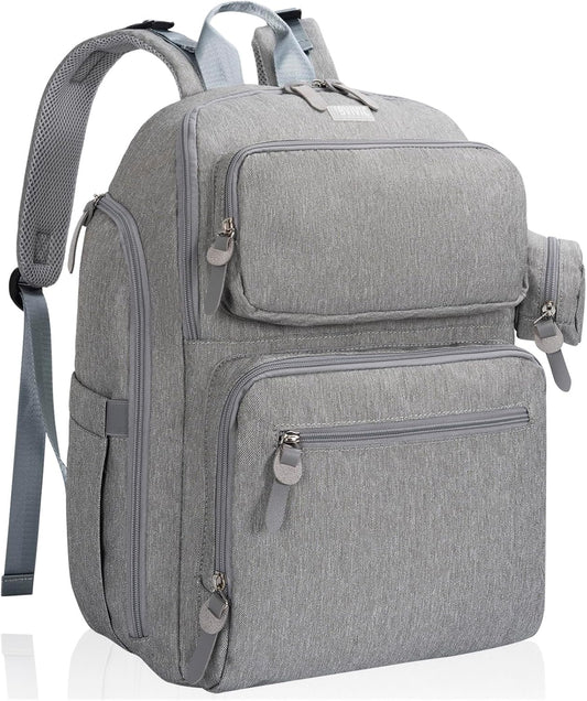 Diaper Bag Large Capacity Diaper Backpack Multi-Function Baby Diaper Bag For Dad And Mom With Insulated Pockets, Stroller Straps，Grey