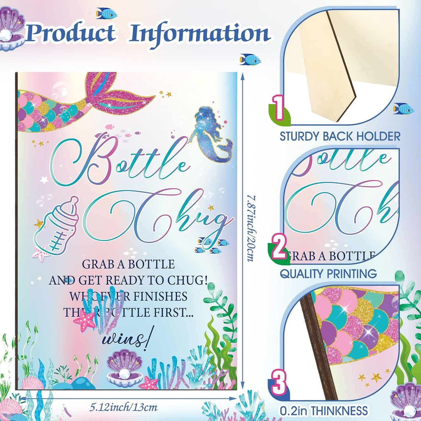 TrelaCo Mermaid Cool Baby Shower Games Bottle Chug Sign Wooden Mermaid Theme Gift Sets Gender Reveal Party Favors and 12 Pcs Baby Bottle Shower Favor for Games Gender Reveal