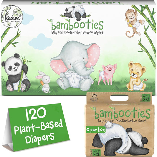 Bamboo Baby Diapers, Totally Chlorine Free for Sensitive Skin for Newborns to XXL. Hypoallergenic & Non Toxic Eco Friendlier Plant-Based Materials. TCF XXL Size 6 (120 ct)