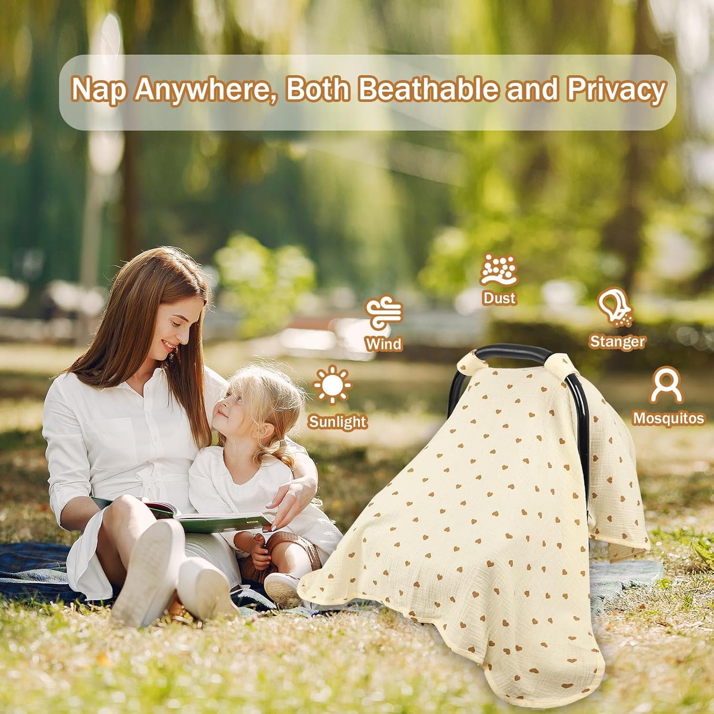 Hooyax 2-in-1 Baby Car Seat Cover & Nursing Cover, 100% Muslin Cotton, Breathable Car Seat Canopy and Privacy Breastfeeding Cover, Tiny Heart