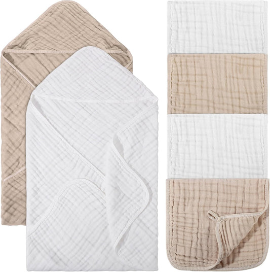 VitalCozy 6 Pcs Baby Muslin Hooded Bath Towels and Washcloths, 32 x 32 Inch Cotton Absorbent Blankets for Newborn Infant Shower Gift (White, Beige)