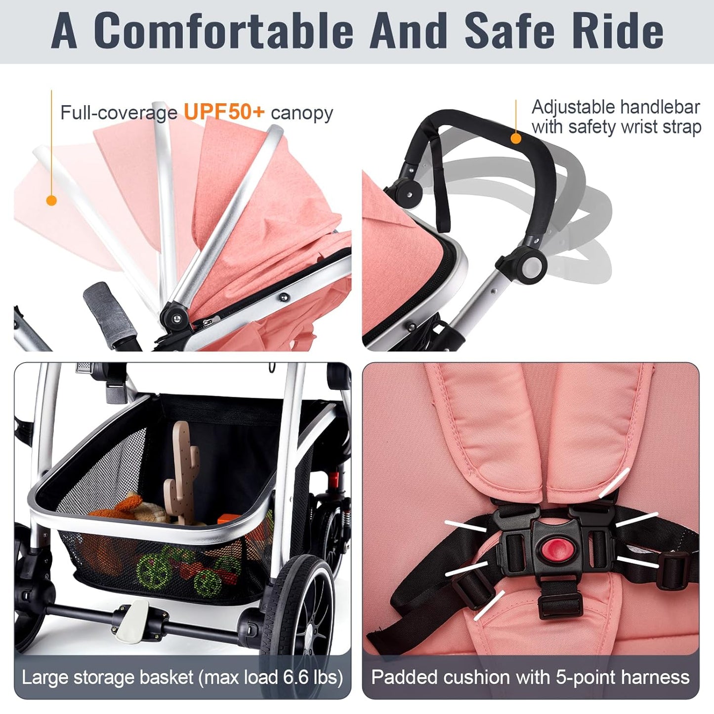 Baby Stroller, 2-in-1 Reversible Toddler Seat with Bassinet Mode, Foldable Infant Stroller with Canopy, One Button Brake, Adjustable Handle, Newborn Pushchair(Pink)