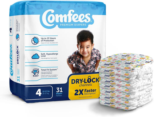 Comfees Premium Baby Diapers with Total Fit System for Boys & Girls, Size 4, 124Count, White (CMF-4)