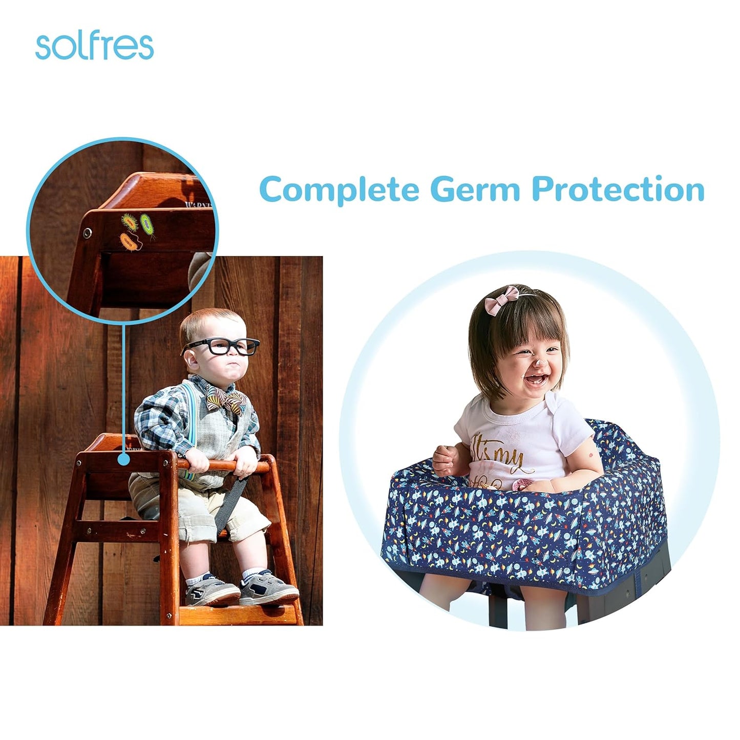 Dual-Belt High Chair Cover, Baby High Chair Cover, Upgrade Version, for Wooden or Restaurant High Chair, Sturdy and Robust Material, Blue Space