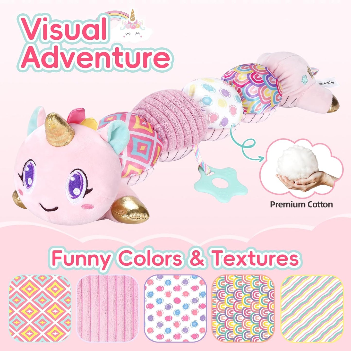 Unicorn Baby Toys 6-12 Months Infant Musical Stuffed Toys for Newborn Tummy Time Sensory toys for babies with Crinkle and Rattle 0-3-6-12 Months Old Baby Girl Must Have Christmas Birthday Gifts - Pink