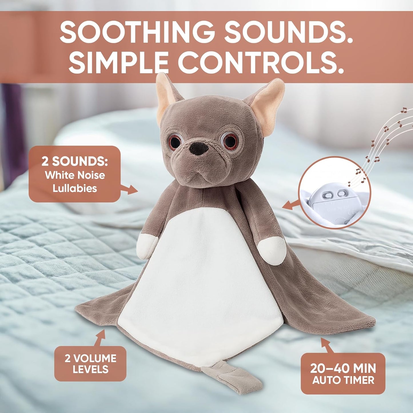 Baby Sleep Soother Taupe Bulldog Plush with Heartbeat & Lullaby Sounds, 4-in-1 Sound Machine, Security Blanket & Pacifier Holder, Baby Registry Essential & Christmas Gift for Newborns & Infants