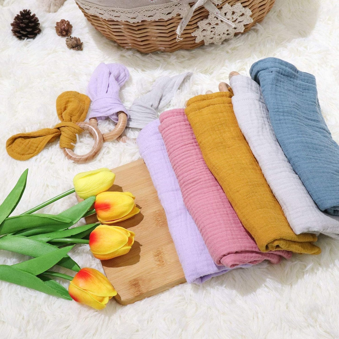 Baby Lovey, Wood Rattle, Teether Ring, 3 Pack Montessori Gift, Coral Pink, Cotton, Double Gauze, Baby Girl Shower Gift