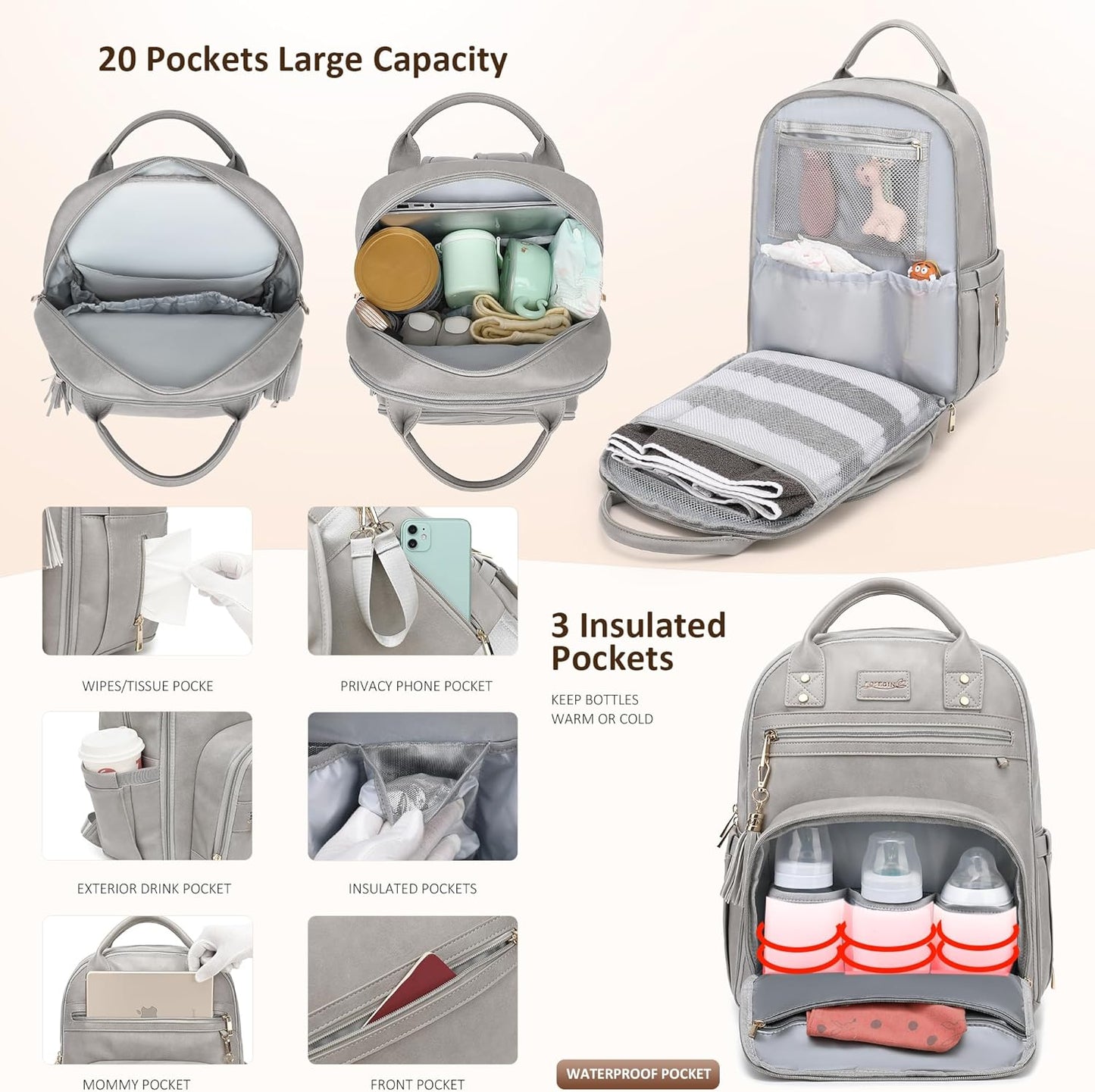 Premium Vegan Leather Diaper Bag Backpack with Waterproof Changing Pad, Reinforced Zippers & Odor-Free, 20 Pockets Pro Organizer, Fits 15.6" Laptop, Stroller Straps, Baby Bag for Mom, Grey