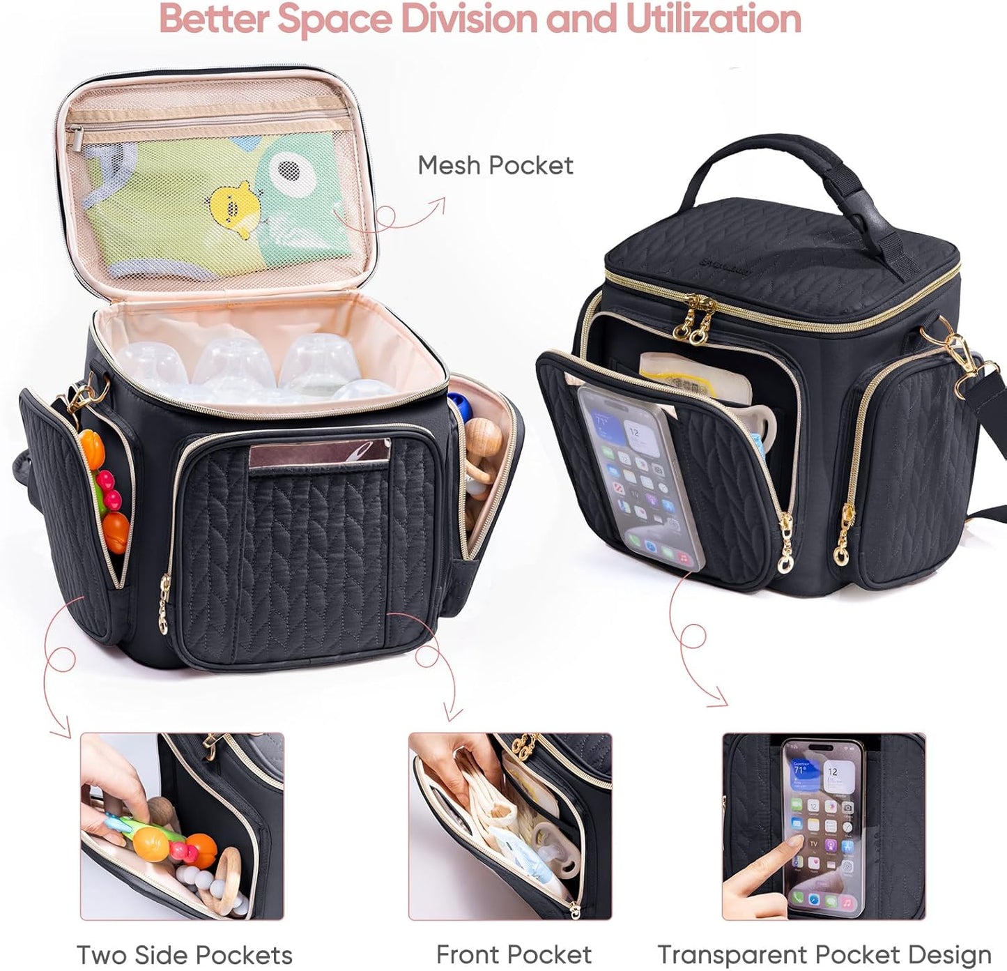 SFYBYHEART Breastmilk Cooler Travel Bag with Ice Pack for 6 Baby Bottles Up to 9 Ounce - Insulated Bottle bag for Daycare - Breastmilk Storage Bag - Baby Bottle Cooler Bag Attach to a Stroller