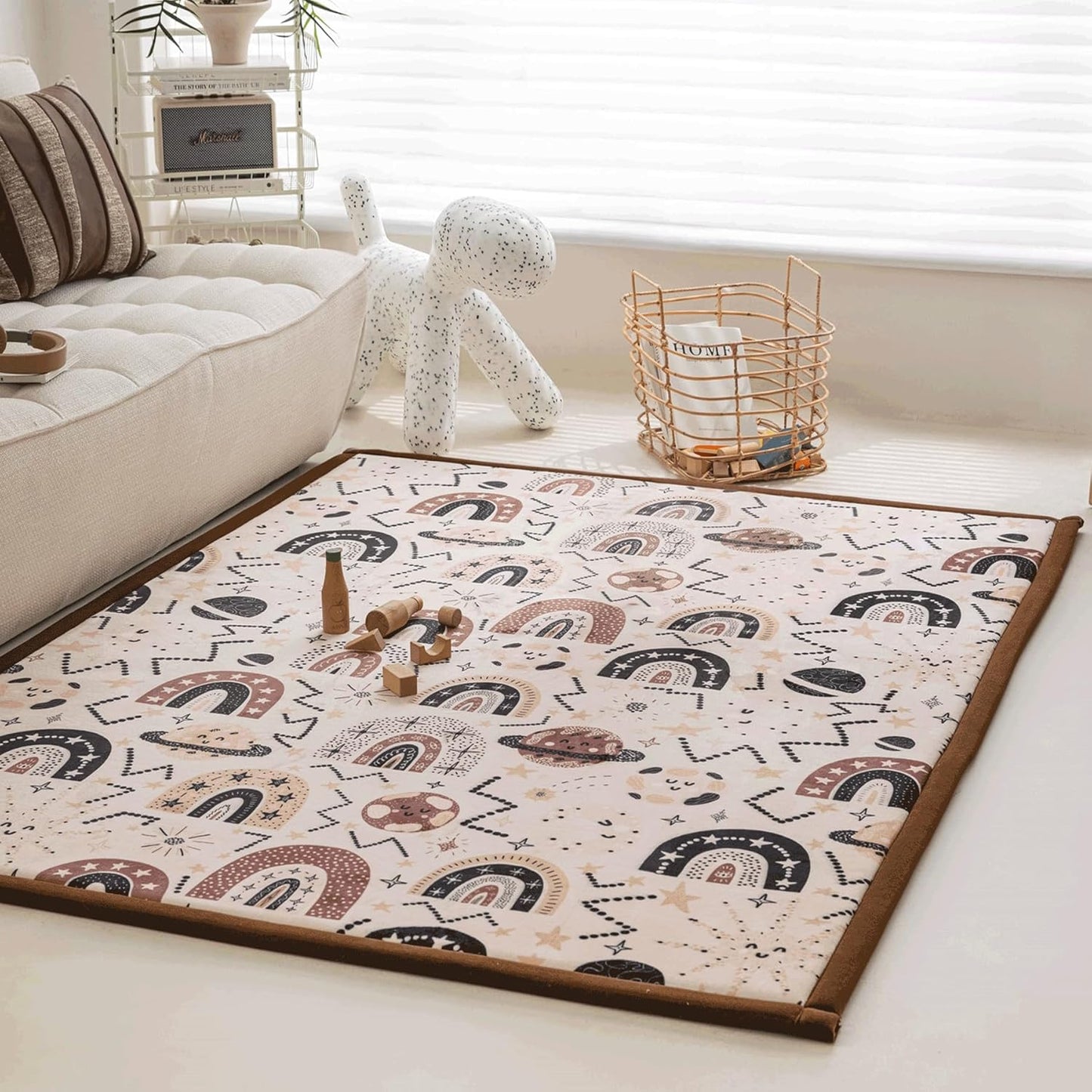 Loartee Rainbow Kids Play Mat - 1" Thick Baby Nursery Rug, Soft Crawling Mat for Toddlers and Tummy Time, Coral Velvet Memory Foam Rug, Brown, 50"x50"