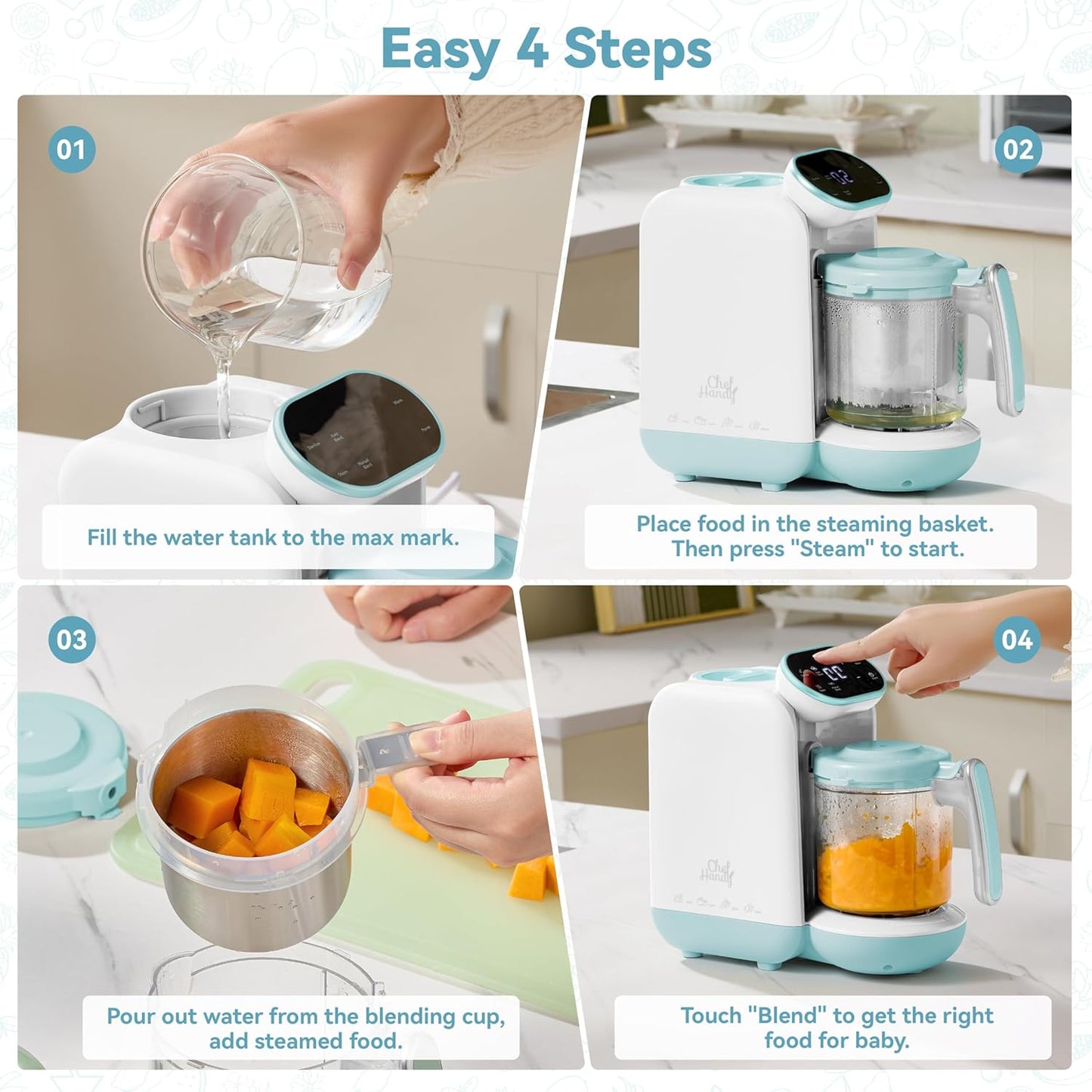 Chefhandy Baby Food Maker, Steamer & Blender, Puree Maker with Auto/Manual Blend, Steam Basket, Bottle Warmer & Sterili-zer, Compact Easy-to-Clean Baby Food Processor (White Blue)