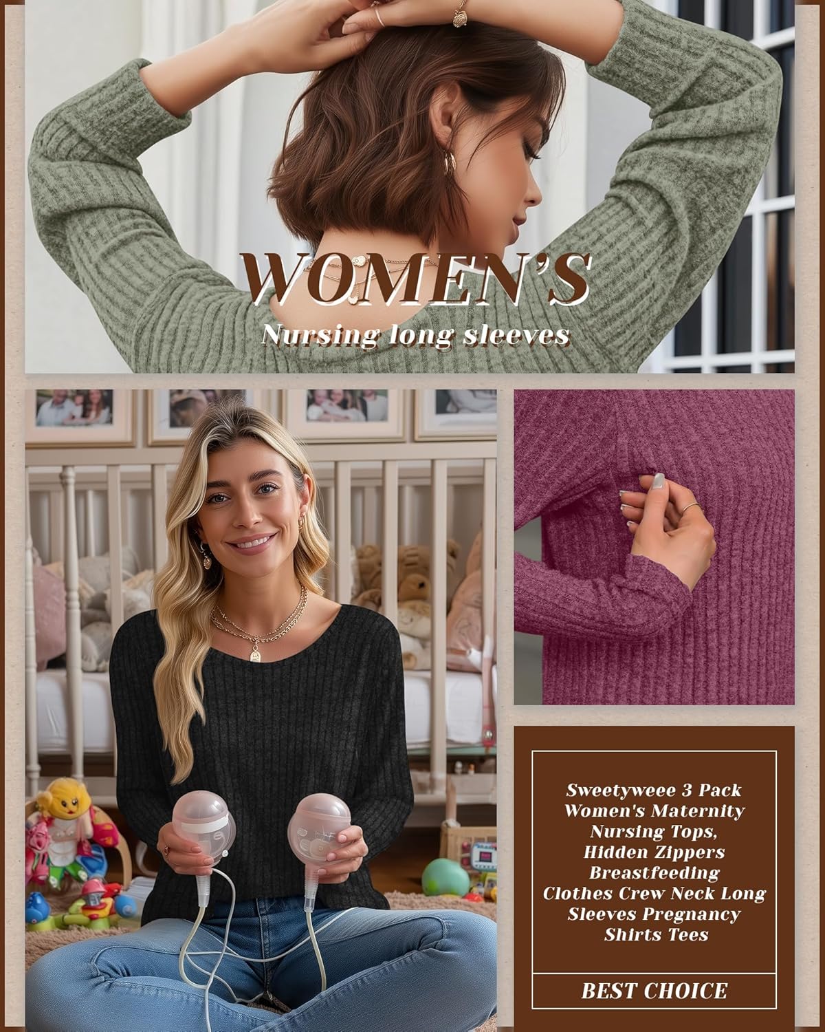 3 Pack Women's Nursing Long Sleeve Tops Breastfeeding Thermal Sweaters with Hidden Zipper Maternity Ribbed Shirts