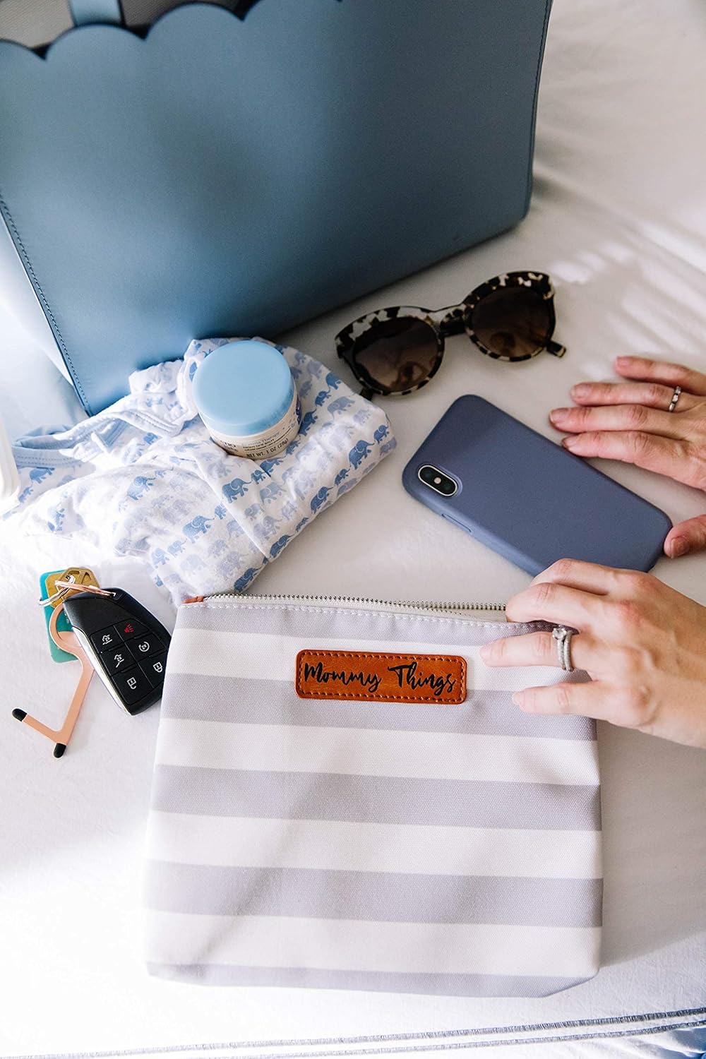 Stylish Diaper Bag Organizing Pouches - XL Set of 4 Light Blue Canvas Diaper Bag Pouches with Leather Embossed Labels, Leather Wristlet Strap & Durable Metal Zippers