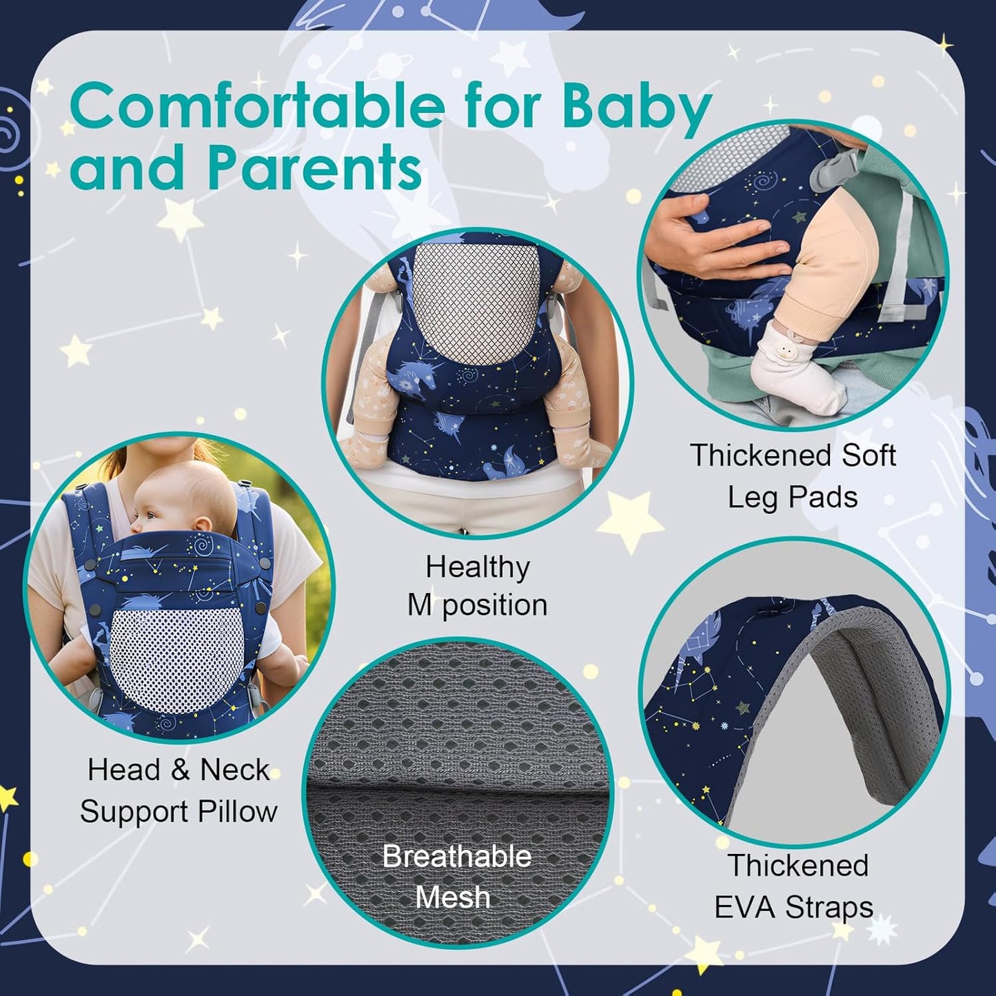 Unicorn Infant Baby Front Carrier, Toddler Body Carrier, 7-66 Lbs Ergonomic Design, Lumbar Support, Lightweight Baby Chest Carriers (3-36 Months)