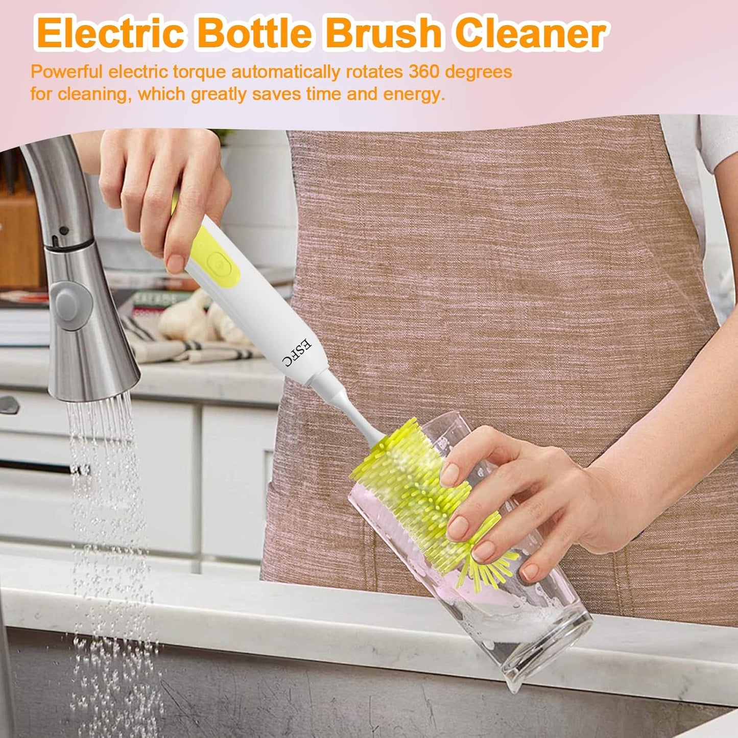 Portable Electric Baby Bottle Brush Set with Electric Bottle Brush,Nipple/Straw Brush,Milk Frother and Drying Base,Waterproof IPX7,Rechargeable Travel Bottle Cleaning Kit,Yellow
