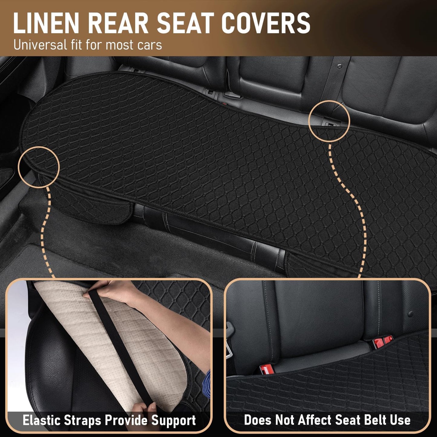 Linen Car Seat Covers, Black Back Seat Cover for Cars Include 1 Pair Front Car Seat Cover Protectors with Breathable Linen and Non-Slip Bottom Universal Fits SUVs,Cars,Sedans (Black)