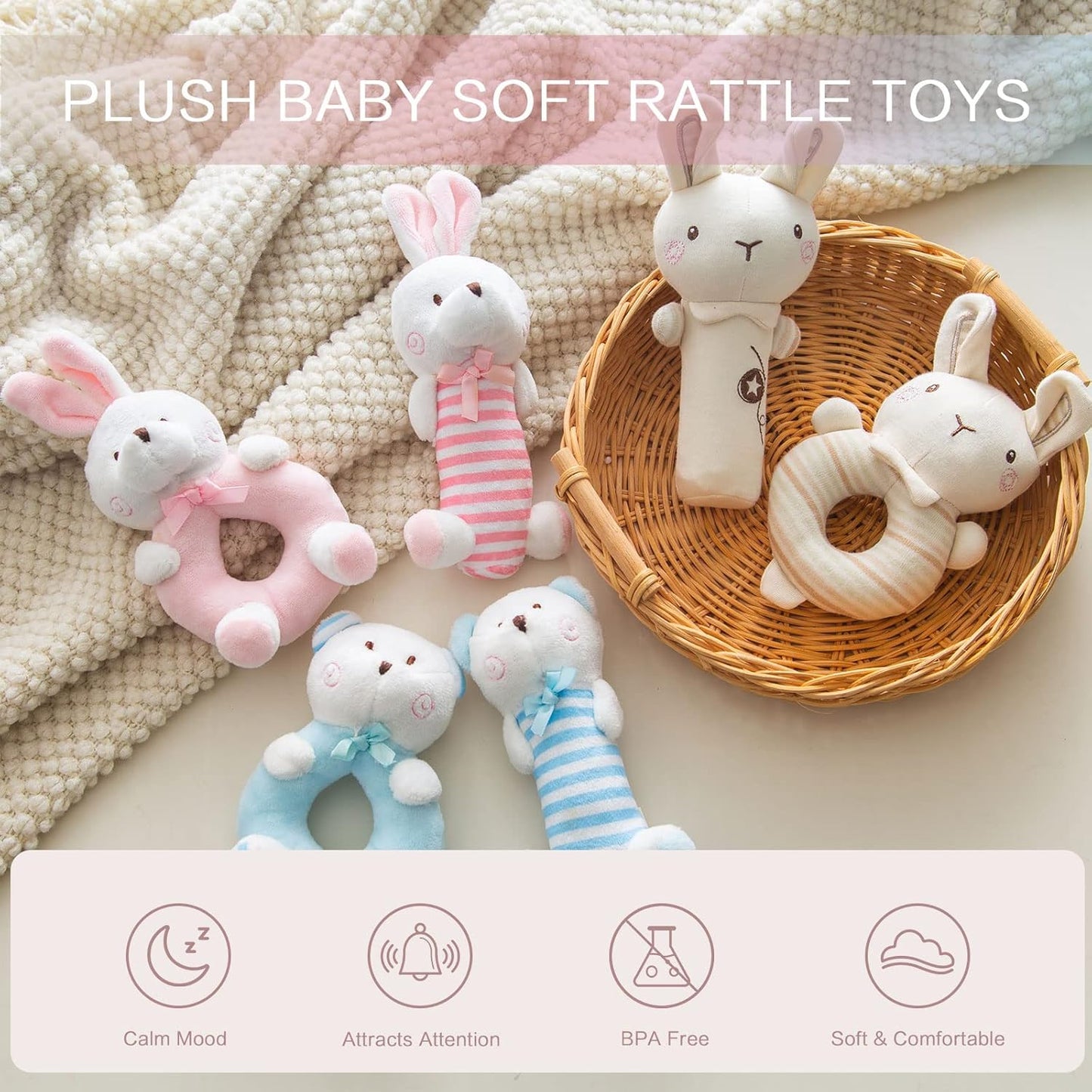 Plush Baby Soft Rattle Toys, Beige Bunny Baby Rattles for Infants Baby First Stuffed Animal Plush Rattle Shaker Set for Newborns Soft Ring Rattle Sensory Toys for Infant Boys Girls Shower Gifts, 2 PCS