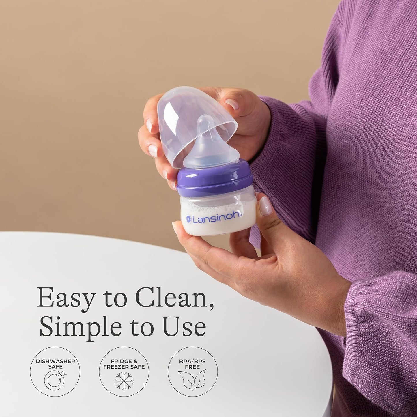 Lansinoh Anti-Colic Baby Bottles for Breastfeeding Babies, 2 Ounces, 2 Count, with 2 Extra Slow Newborn Flow Nipples, Size XS