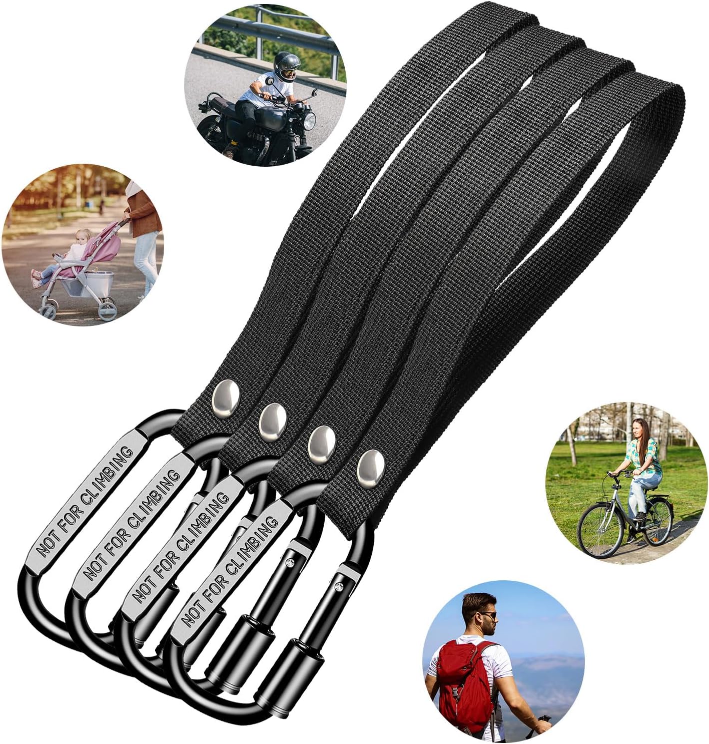 Stroller Hooks for Bags with Locking Stroller Carabiner Clip – Heavy-Duty Hooks for Diaper Bags, Groceries, Backpacks on Strollers, Bikes & Shopping Carts (Black, 4 Pieces)