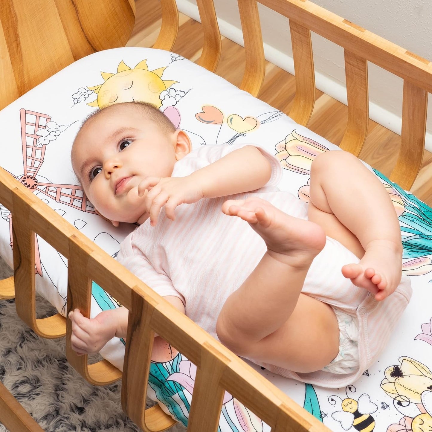 JumpOff Jo - Hypoallergenic Fitted Bassinet Sheet for Baby Boys & Girls - Rectangular, Hourglass & Oval Crib Compatible, Soft, Breathable, Machine Washable - Tulip Fields