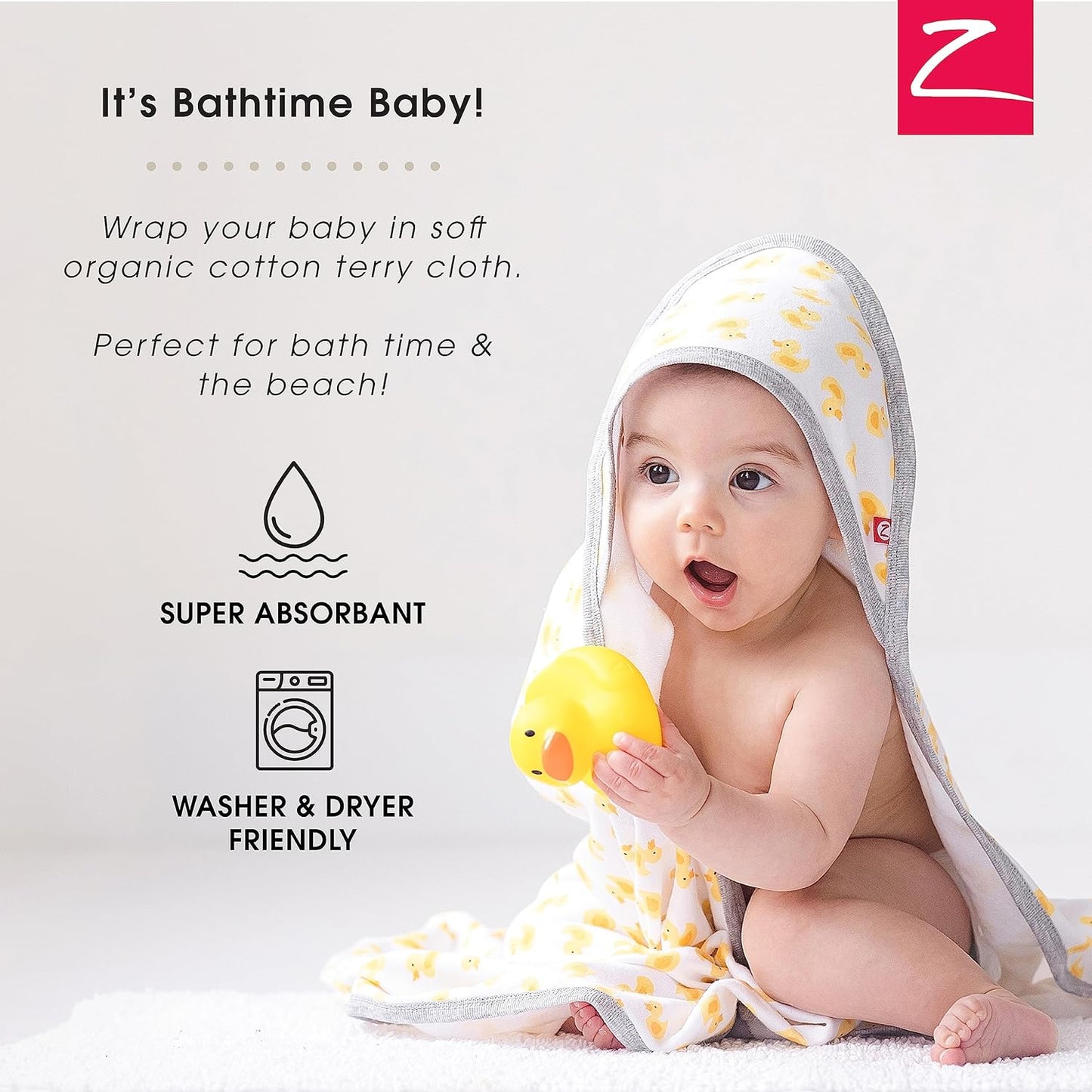 Zutano Hooded Baby Towels, Organic Cotton Baby Bath Towel, Ultra Soft and Absorbent Baby Towel for Newborn and Infant | Girl, Boy, and Unisex Towel Set, Elephant Bath Time, 2-Pack
