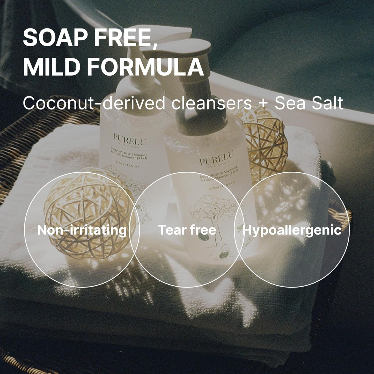 PURELU 3-in-1 Tear-Free Baby Shampoo Body Wash Face Cleanser, Baby Soap for Sensitive Skin, Vegan Body Wash, Hypoallergenic Fragrance Free (12.5 Fl Oz / 370ml)