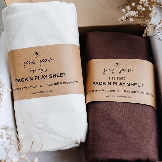 Pack and Play Sheets Fitted – Compatible with Graco Pack n Play Playard Crib and Other 27 x 39 Inch Playpen Mattress – Snuggly Soft 100% Jersey Cotton – Cream + Brown – 2 Pack