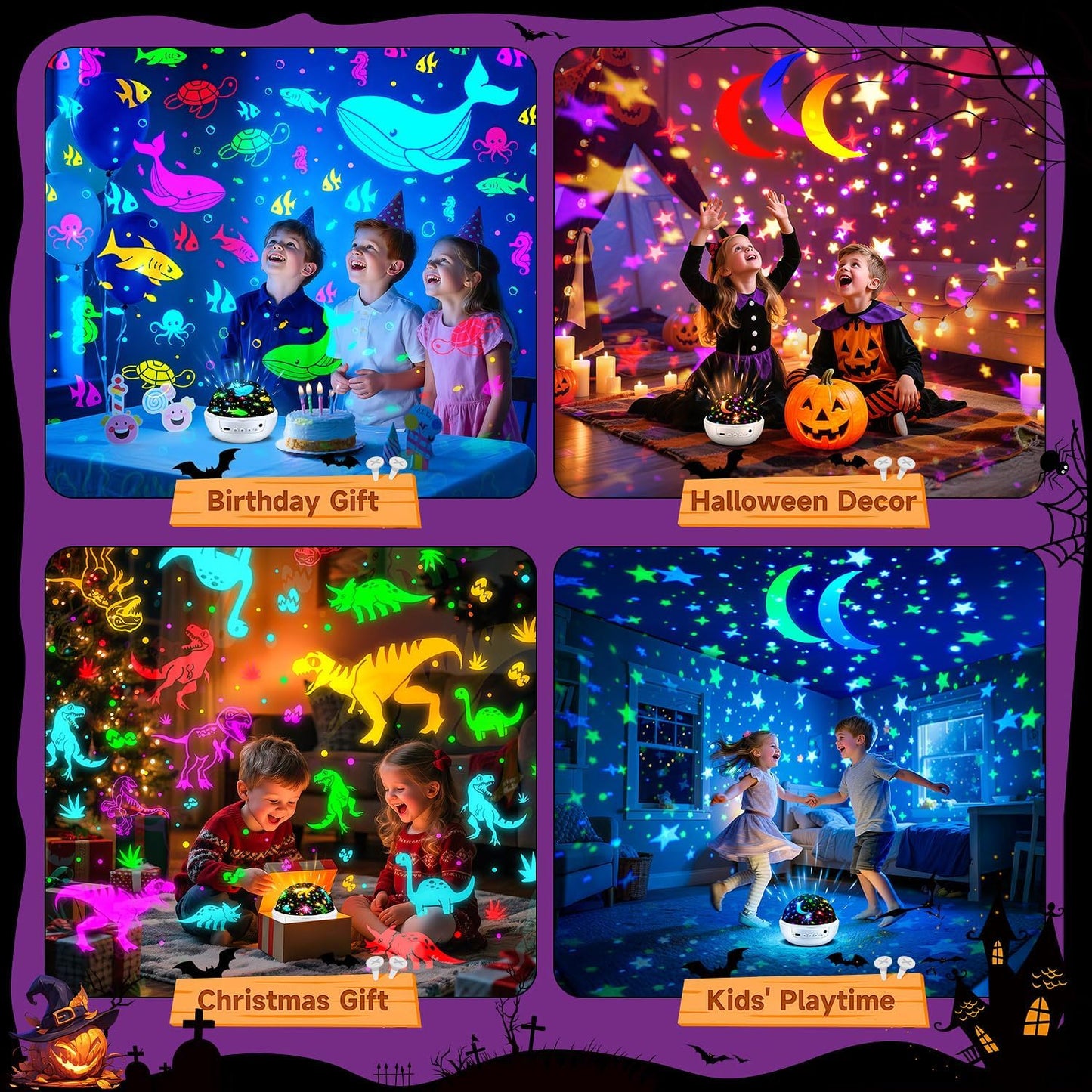 COOLNIGHT Christmas Room Decor, 93 Lighting+3 Films Christmas Projector Christmas Stuff, Remote+Dimmable+360° Slient Nightlight for Baby Nursery, Christmas Room Decorations, Moon Projector (White)