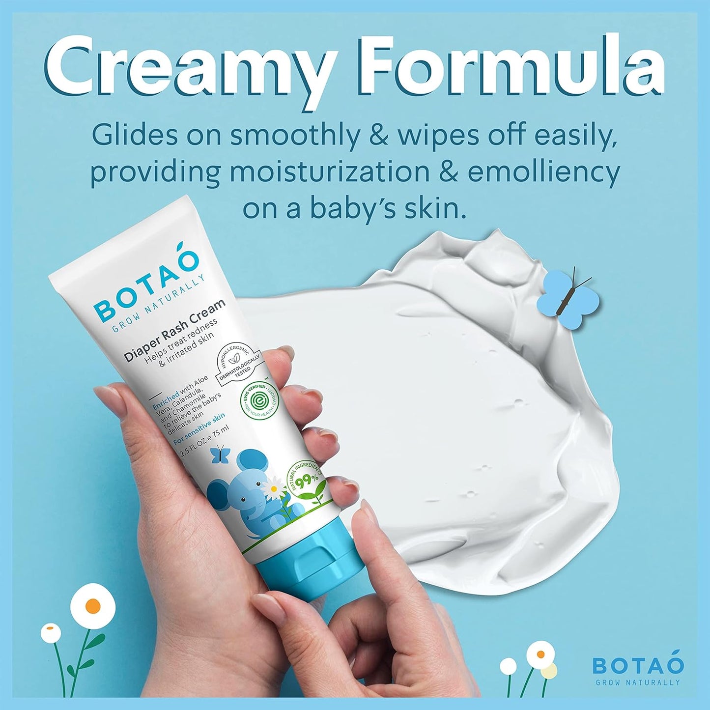 Baby's Natural Diaper Cream | Organic Diaper Cream EWG Verified | Naturally Soothes Baby Rashes | Baby zinc Ointment Natural | For Sensitive Skin with Aloe Vera & Calendula, 2.5Oz
