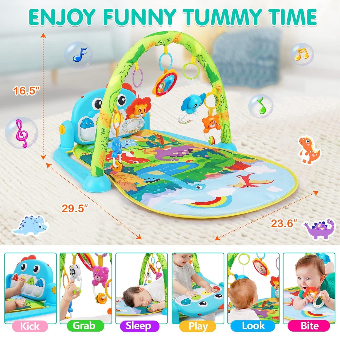 UMIKU Baby Gym Play Mats Baby Tummy Time Mat Musical Activity Center for Newborn Infant Piano Babies Play Mat Music & Light Newborn Infant Gifts for Babies 0-3 6 9 12 Months Dinosaur Style