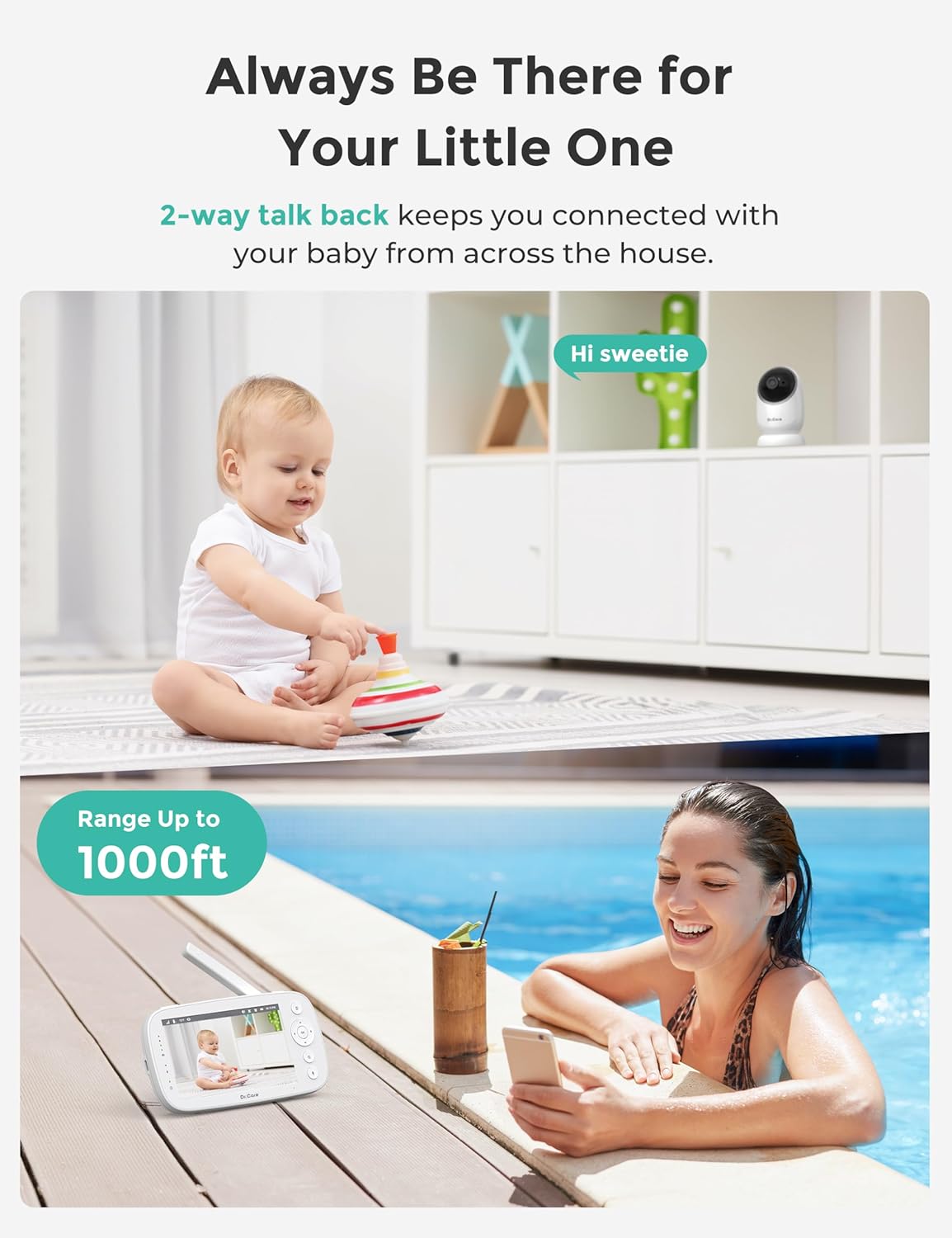 Dr.Care NovaView Video Baby Monitor with 2 Cameras - 5" 1080P Split Screen Display, 5000mAh Battery, Night Vision, Real-Time/VOX, 2X/4X Zoom, Pan & Tilt, 1000ft Range, 2-Way Audio, No WiFi