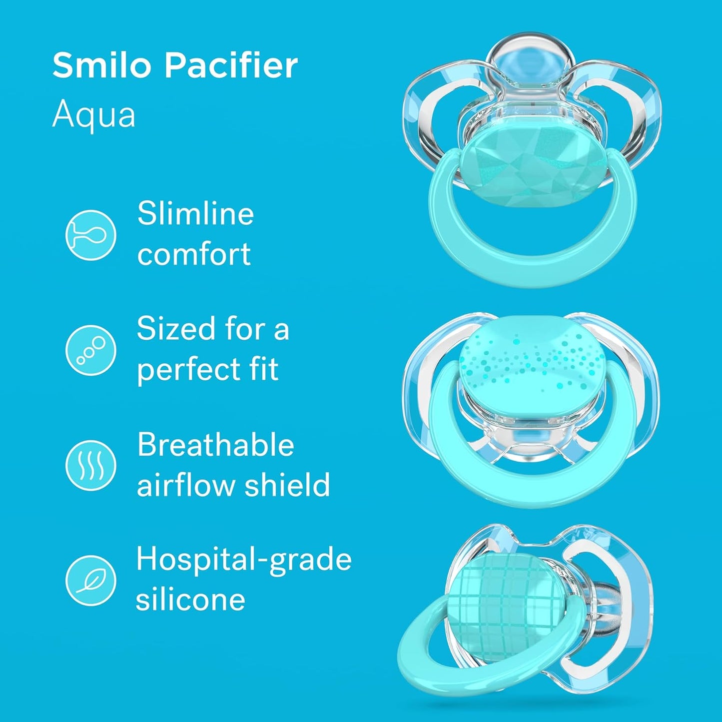 Smilo Baby Pacifier with Orthodontic Design for Healthy Dental Development - Stage 2 for Babies 3-9 Months - Pack of 3X 100% Silicone Pacifiers BPA Free - Aqua Blue