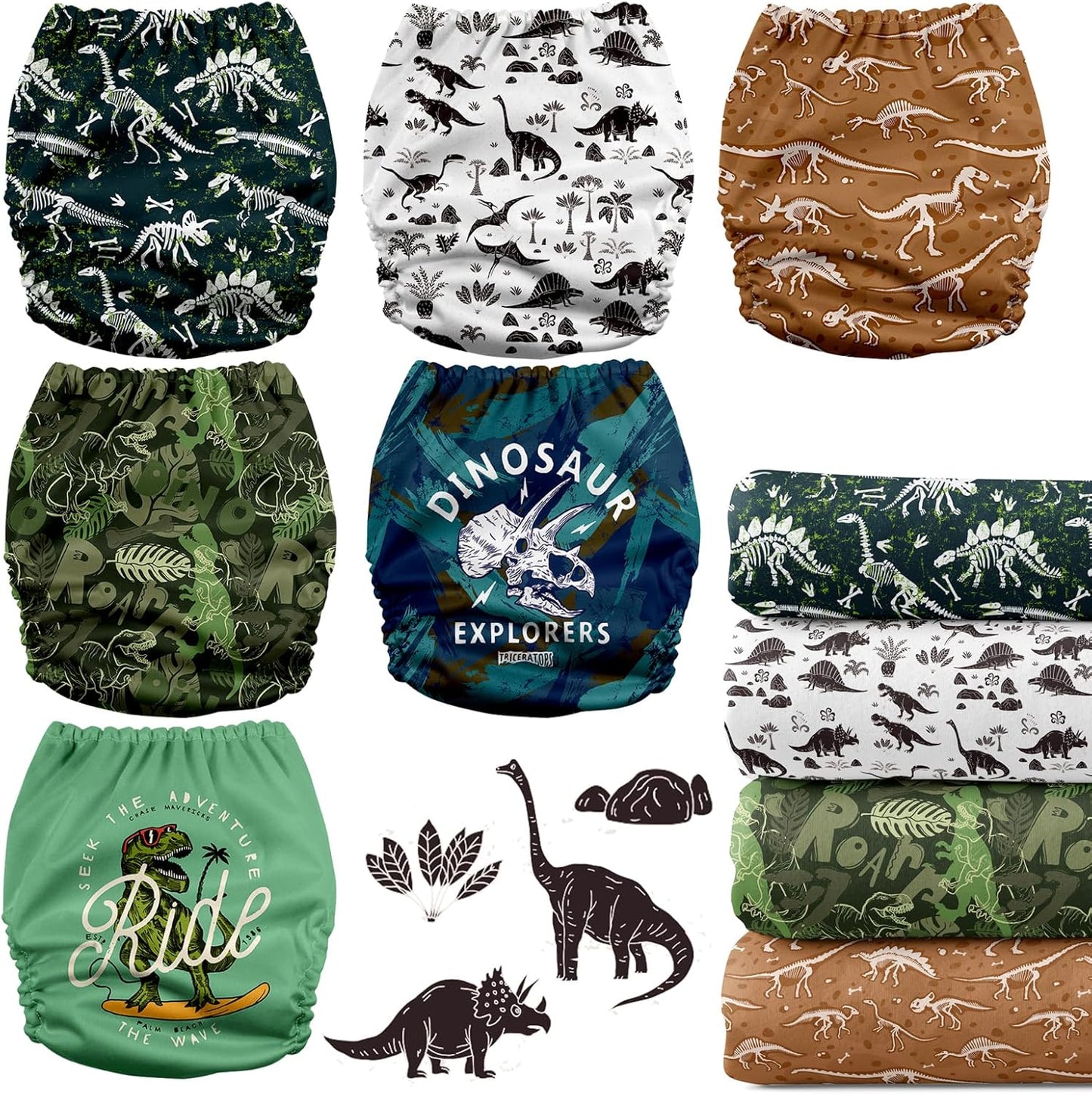 Mama Koala 3.0 Pocket Cloth Diapers for Babies with AWJ Lining, 6 Pack with 6 5-Layer Natural Cloth Diaper Inserts - Reusable and Washable Pocket Diapers(A-It's Dinosaurs)