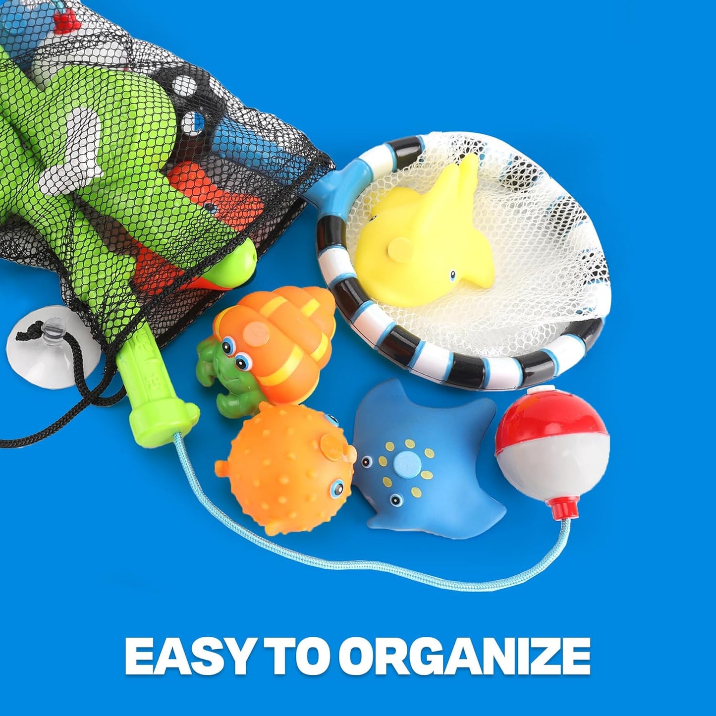 Magnetic Toddler Bath Toys - Kids Fishing Pool Game Set of 2 Fishing Poles, 8 Rubber Sea Animals, & Net - Water Toys with Mesh Organizer Bag