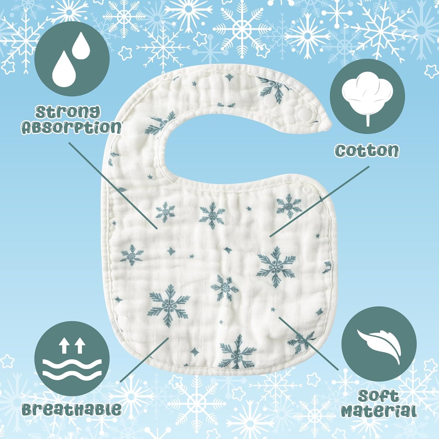 Zainpe 6Pcs Snap Muslin Cotton Baby Bibs Cute Themes Snowflake Penguin Pattern Infants Drooling Bib Adjustable Burp Cloth Soft Absorbent Feeding Cloths for Unisex Newborn Toddler Teething Eating