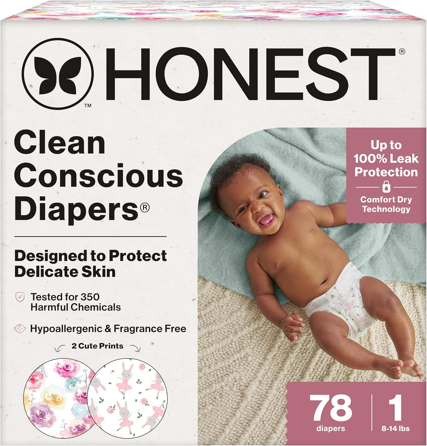 The Honest Company Clean Conscious Diapers for Delicate Skin, Up to 100% Leakproof Hypoallergenic Fragrance-Free Baby Diapers, Girl Prints, Club Box, Size 1 (8–14 lbs), 78 Count (Prints May Vary)
