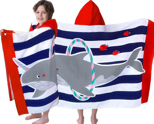 VOOVA & MOVAS Hooded Beach Towels for Kids,(3-10 Years, 30''X50),Absorbent 100% Cotton Towel Wrap for Boys, Perfect for Toddler Beach, Pool, Bath, Swimming, Hula-Hooping Narwhal