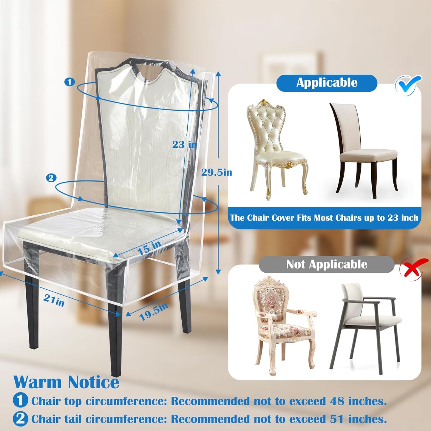 Dining Chair Covers, Waterproof Kitchen Chair Protectors,Clear Plastic Seat Chair Protector,Keep Your Chair Away from Water Dust Stain and Pet Claws W/21 x D/18(Fits 16-23",6 Pack)