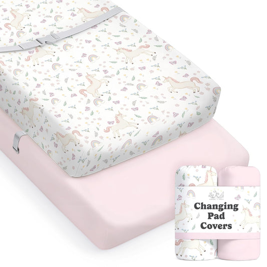 Baby Changing Pad Cover 2-Pack for Boys, Girls (Unicorn Blossom) - Premium Fitted Sheets Baby Diaper Changing Table Cover - Buttery Soft Cotton Blend