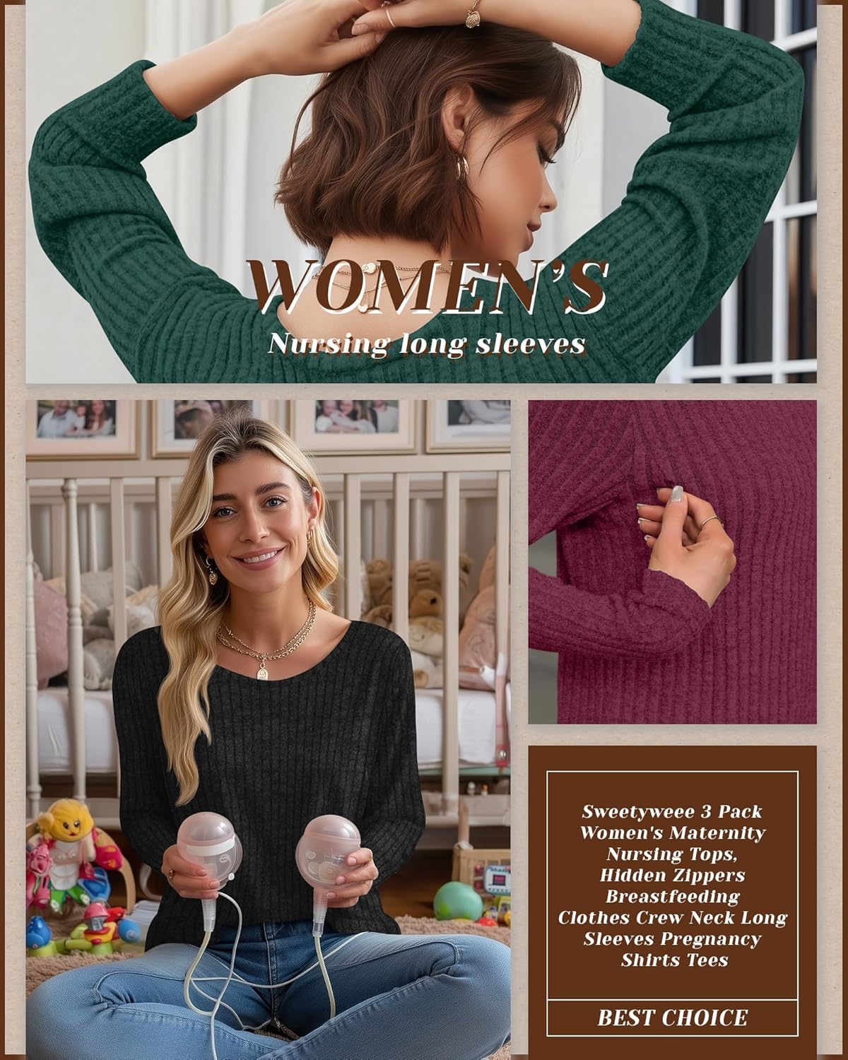 3 Pack Women's Nursing Long Sleeve Tops Breastfeeding Thermal Sweaters with Hidden Zipper Maternity Ribbed Shirts