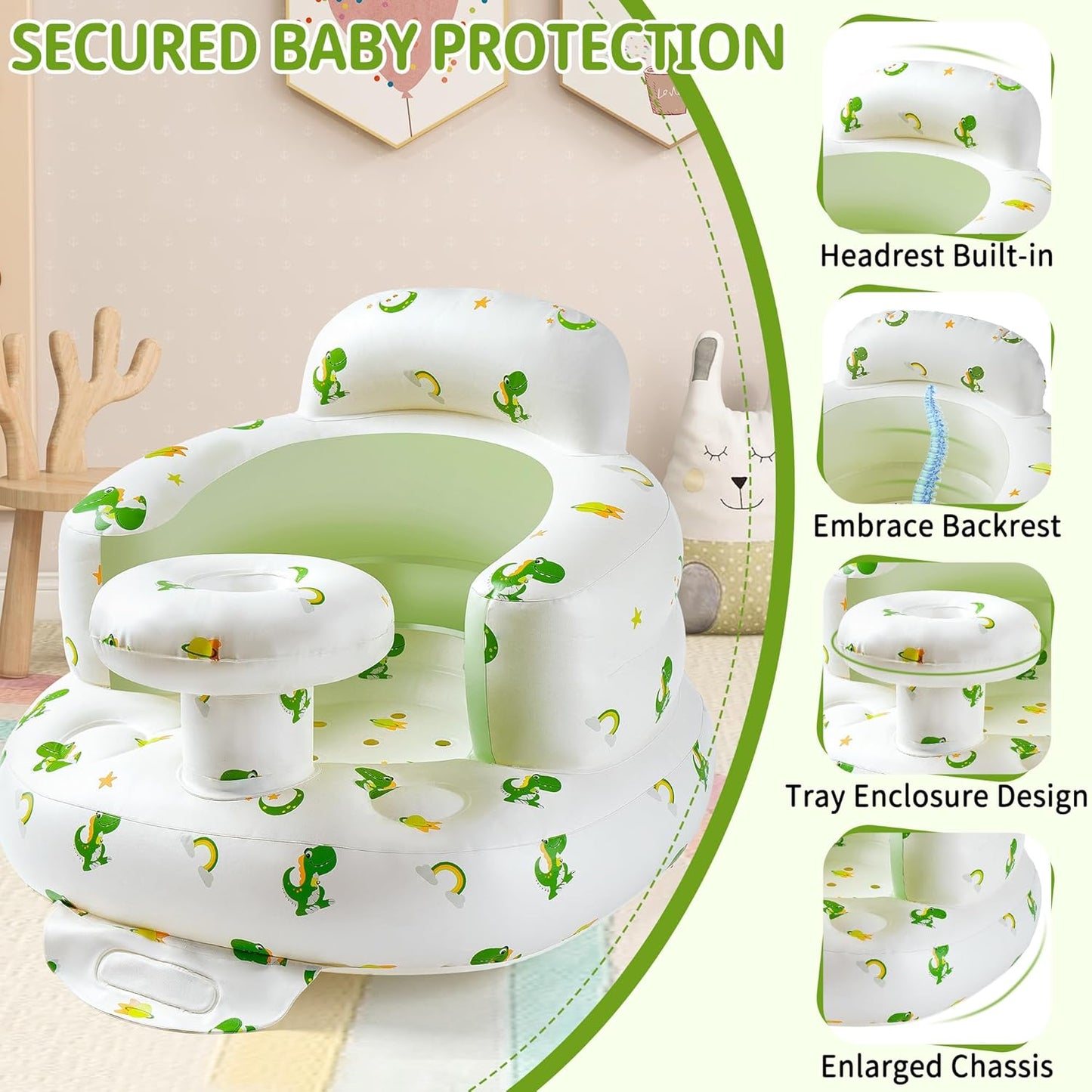 Inflatable Baby Seat with Tray, Comfortable Sit Me Up Baby Chair for Learning to Sit, Built in Air Pump Blow Up Floor Seat with Back Support 3 Months & Up (Dinosaur with Tray)