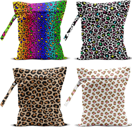 4 Pack Colorful Rainbow Neon Leopard Wet Bag Waterproof Washable Reusable Wet Dry Bag for Swimsuit Clothes Cloth Diaper Travel Beach Yoga Toiletries Gift for Women Sister Bestie Birthday Christmas