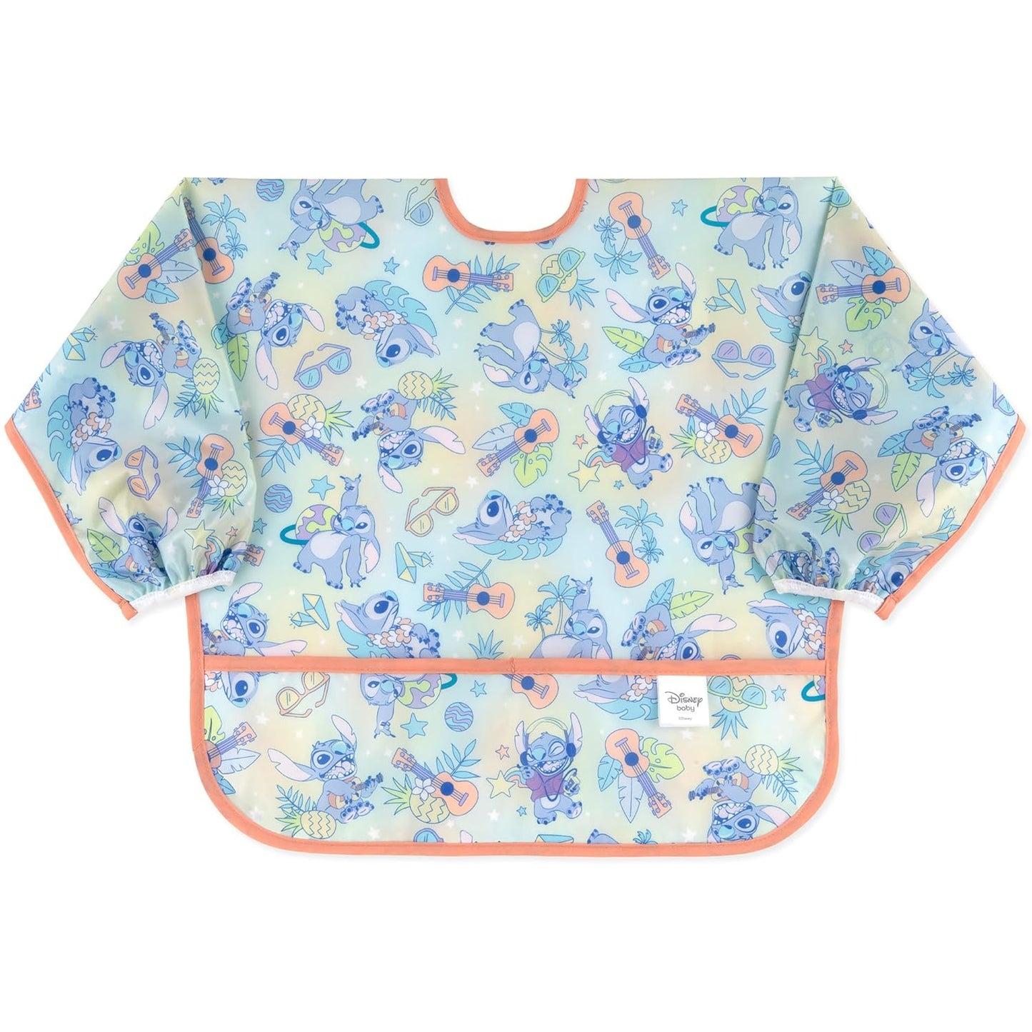 Bumkins Disney Sleeved Bib for Girl or Boy, Baby and Toddler for 6-24 Mos, Essential Must Have for Eating, Feeding, Baby Led Weaning Supplies, Long Sleeve Mess Saving Food Catcher, Aloha Stitch
