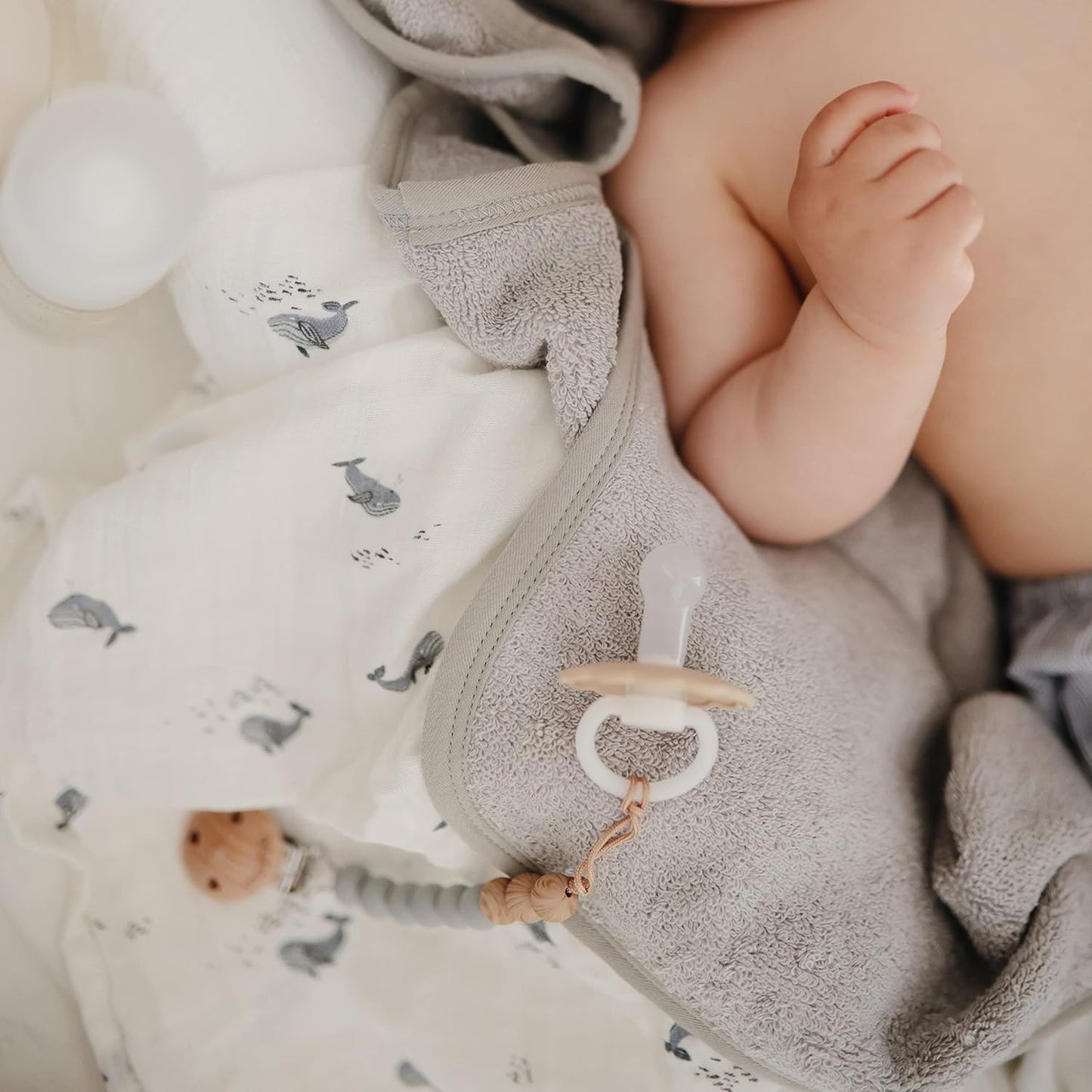 FRIGG Daisy Night SilkySoft Silicone Baby Pacifier | Made in Denmark | BPA-Free (French Gray/Croissant, 6-18 Months)