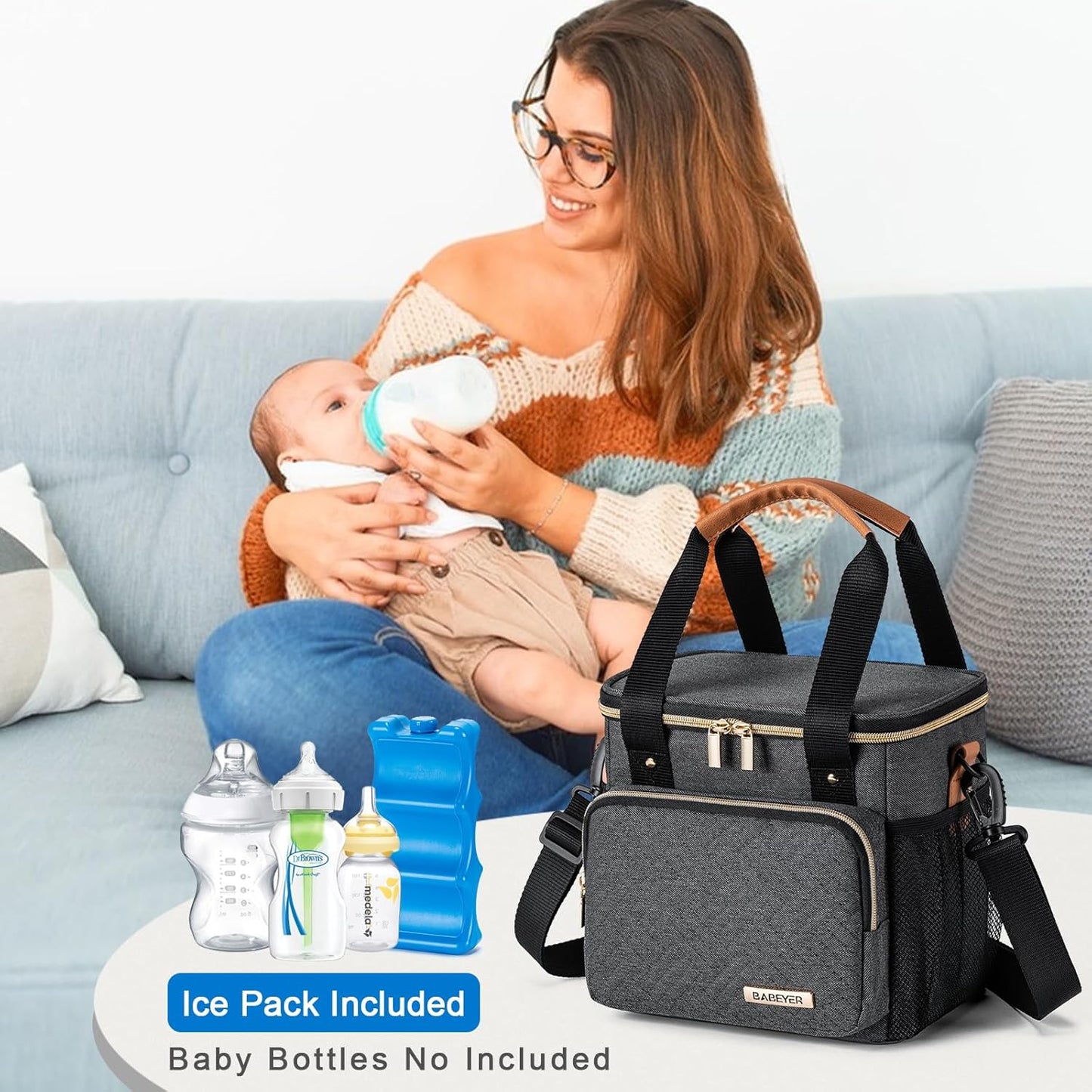 Breastmilk Cooler Bag with Ice Pack Fits 6 Baby Bottles up to 9 Ounce, Breast Milk Pump Cooler Bag for Nursing Mom Daycare, Work, Travel-Dark Grey