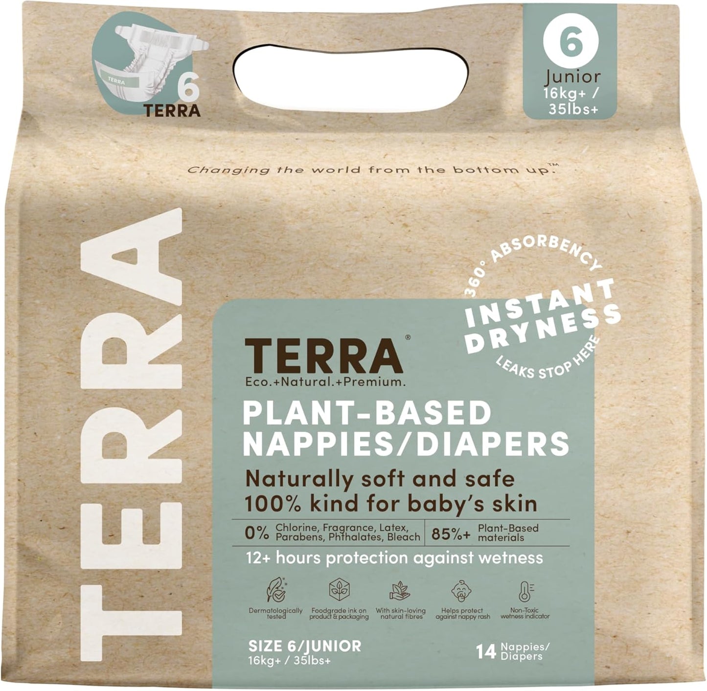 Terra Size 6 Diapers: 85% Plant-Based Diapers, Ultra-Soft & Chemical-Free for Sensitive Skin, 35+ Pounds, 14 Coun (Pack of 8)