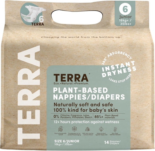 Terra Size 6 Diapers: 85% Plant-Based Diapers, Ultra-Soft & Chemical-Free for Sensitive Skin, 35+ Pounds, 14 Coun (Pack of 8)