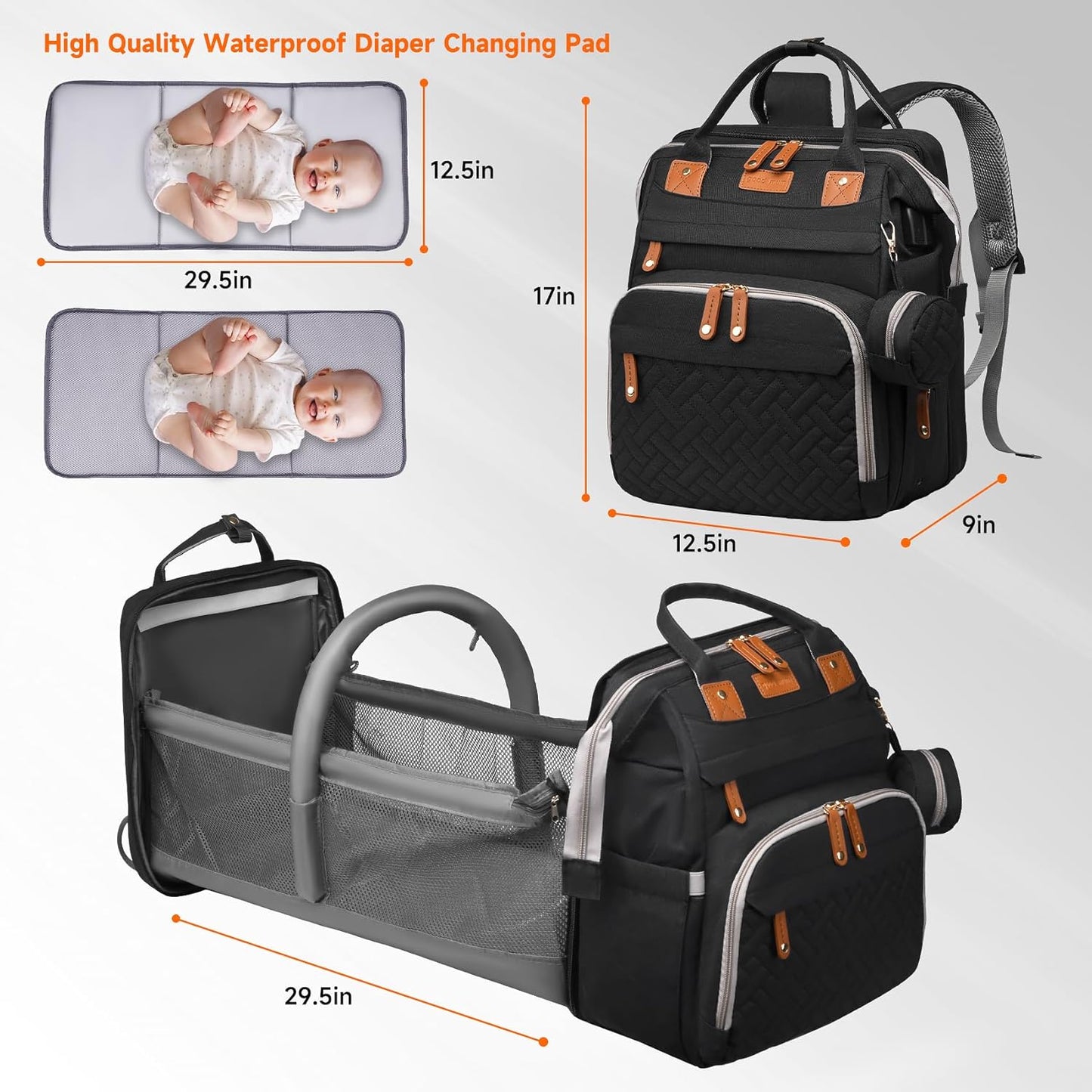 Baby Diaper Bags with Changing Station, Large Capacity Diaper Bag Backpack for Moms Dads with USB Charging Port,Travel Baby Bag with Pacifier Case & Stroller Straps(Up-Black)