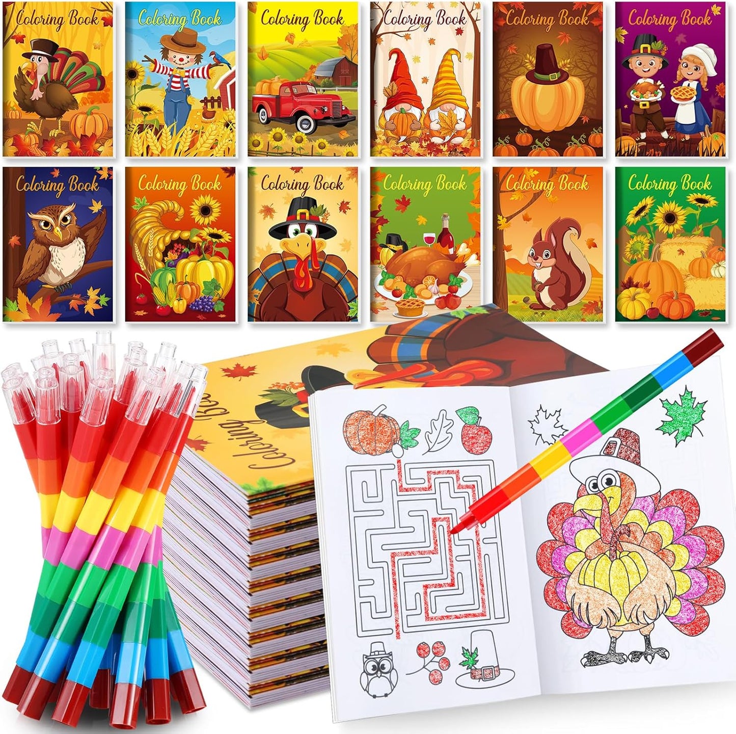BenLouis 12 Fall Mini Coloring Books Kids with 12 Stacking Crayons Thanksgiving Theme Party Favors Small Activity Books Bulk for Kids Autumn Pumpkin Harvest Party Gift Goodie Bag Stuffers